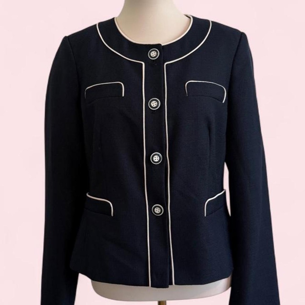 Vintage Emily Navy Blue Blazer | White Piping & Buttons | Size 12